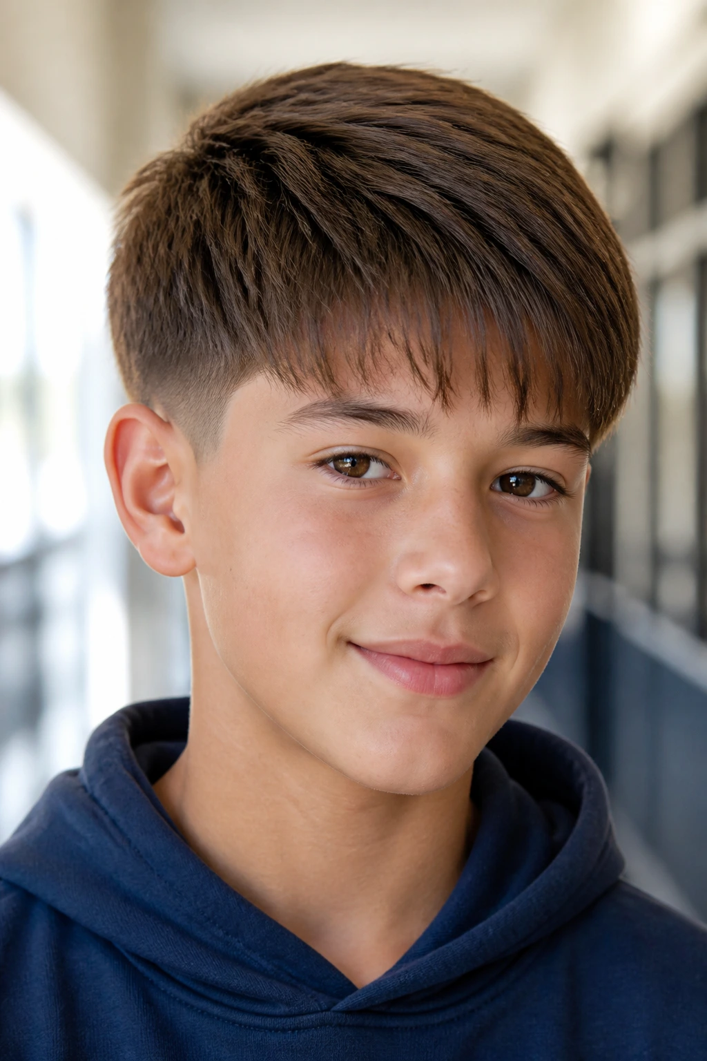Close-up portrait of a real boy with an oval face and balanced straight haircut in a school hallway