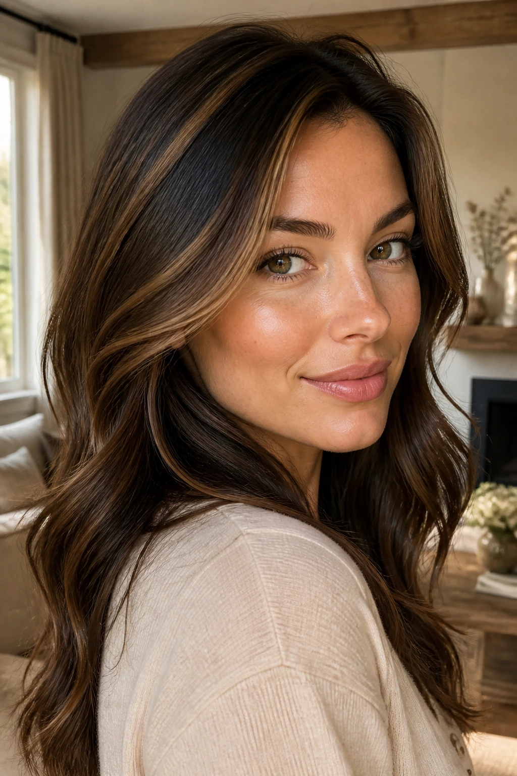 Close-up of an oval-faced woman showing cheekbone highlight path