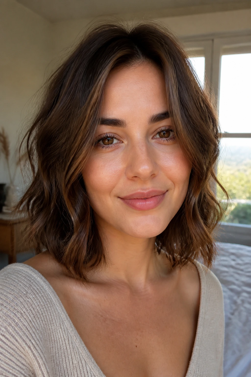 Portrait of an oval-faced woman showcasing a flattering lob hairstyle