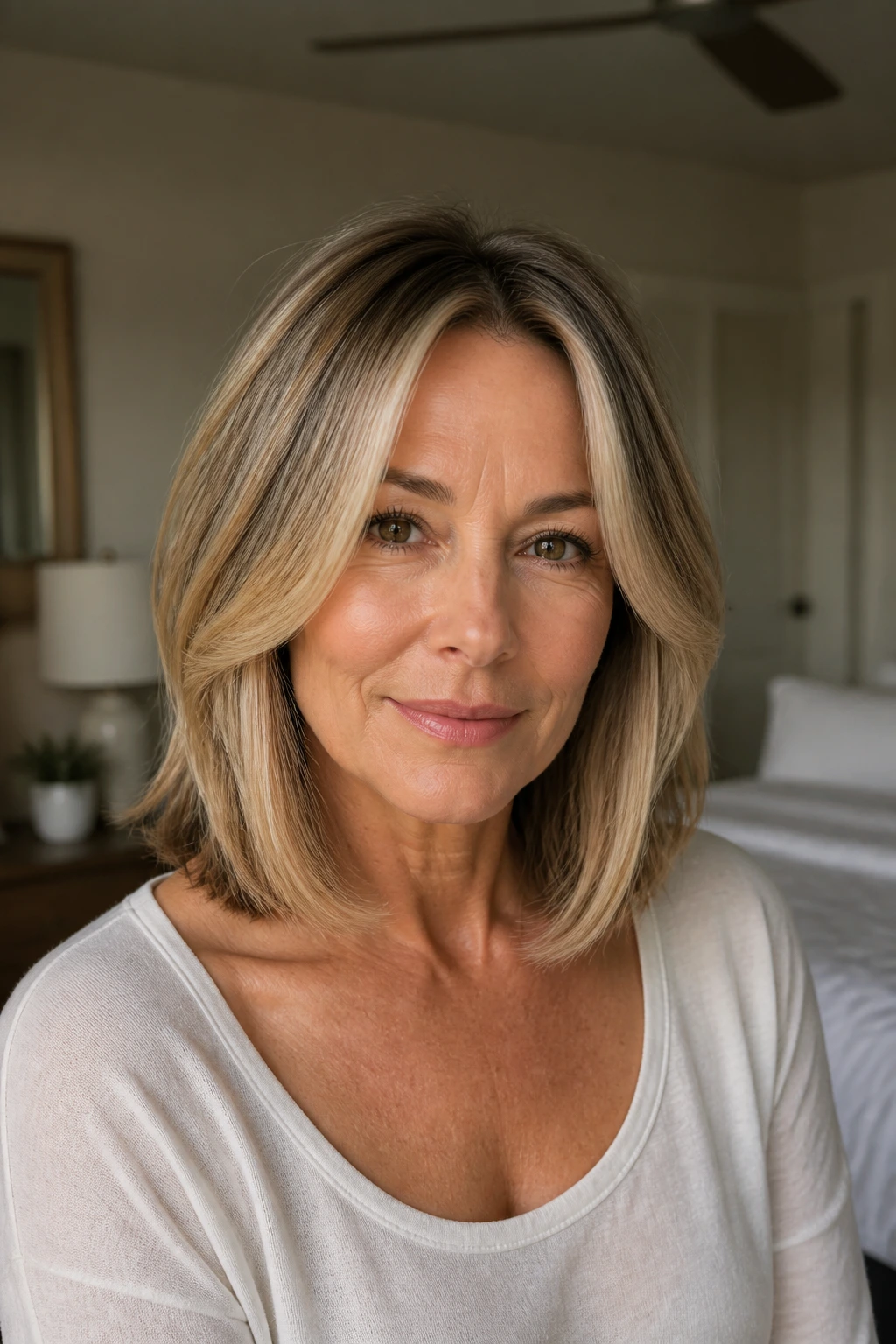 Close-up of a real woman with oval-face lob balanced curtain layers framing the cheeks
