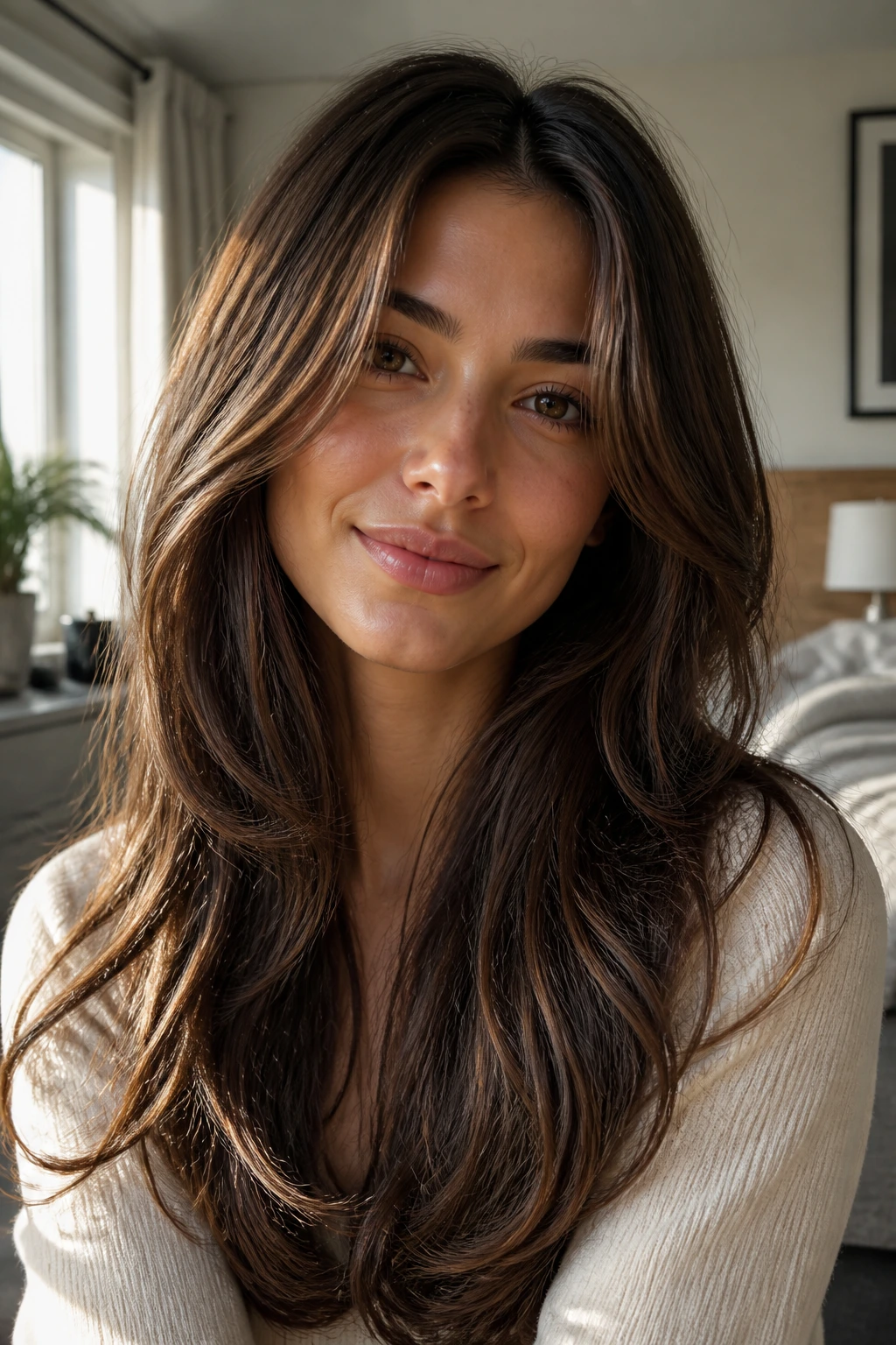 Close-up portrait of a real woman with an oval face showing blended layers around the front hair.
