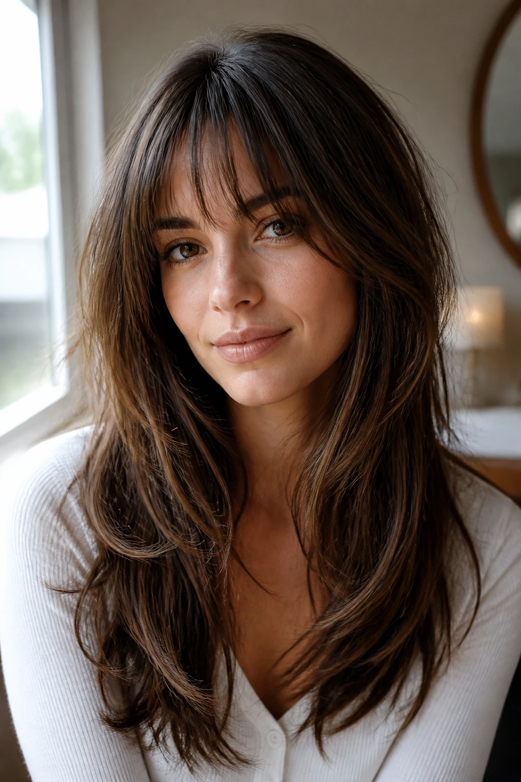 Portrait of an oval-faced person with long layered hair and bangs in warm natural light