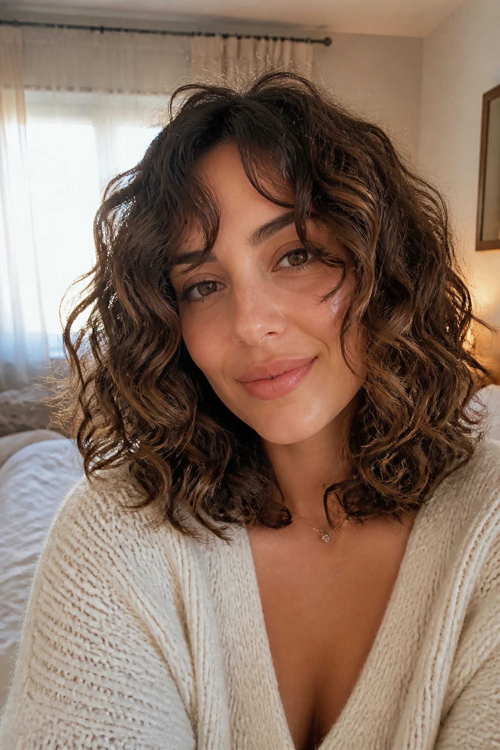 Close-up of an oval-faced person with a long curly lob in warm window light.