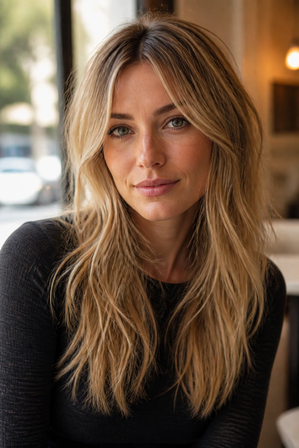 Portrait of a real woman with textured long shag on an oval face showing cheekbone layers