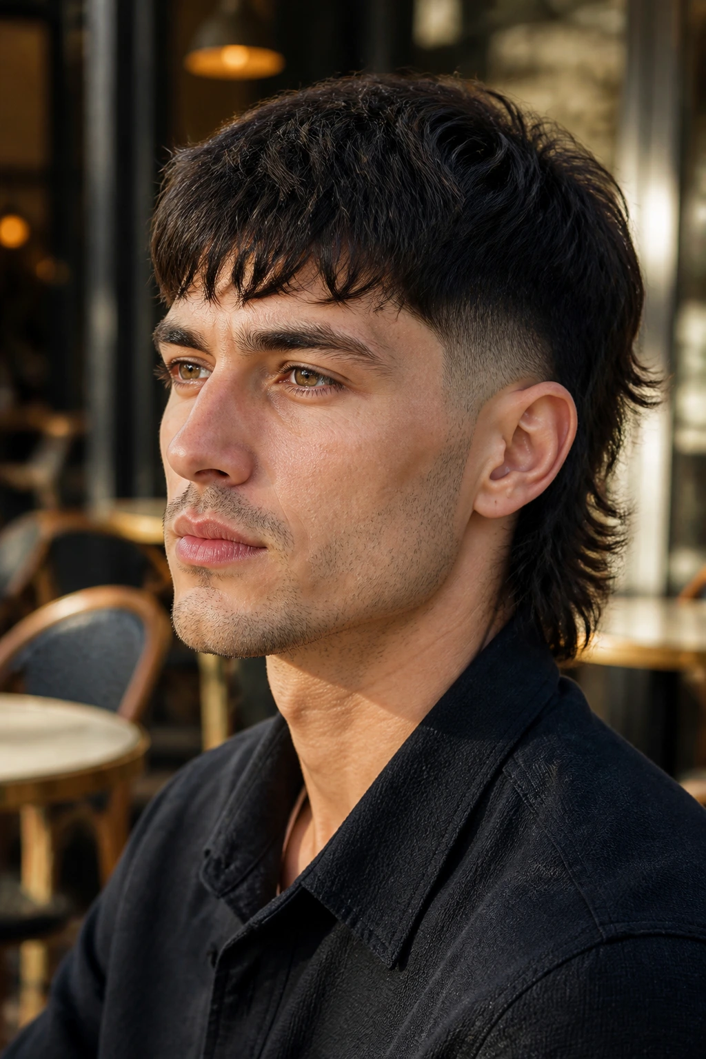 Portrait of an oval-face individual wearing a fade mullet