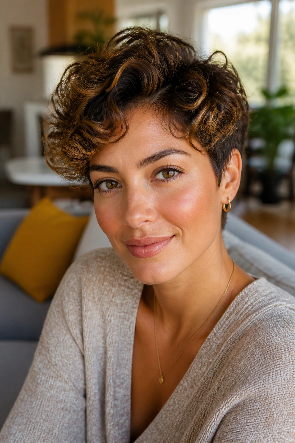 Close-up portrait of an oval-faced person under natural light