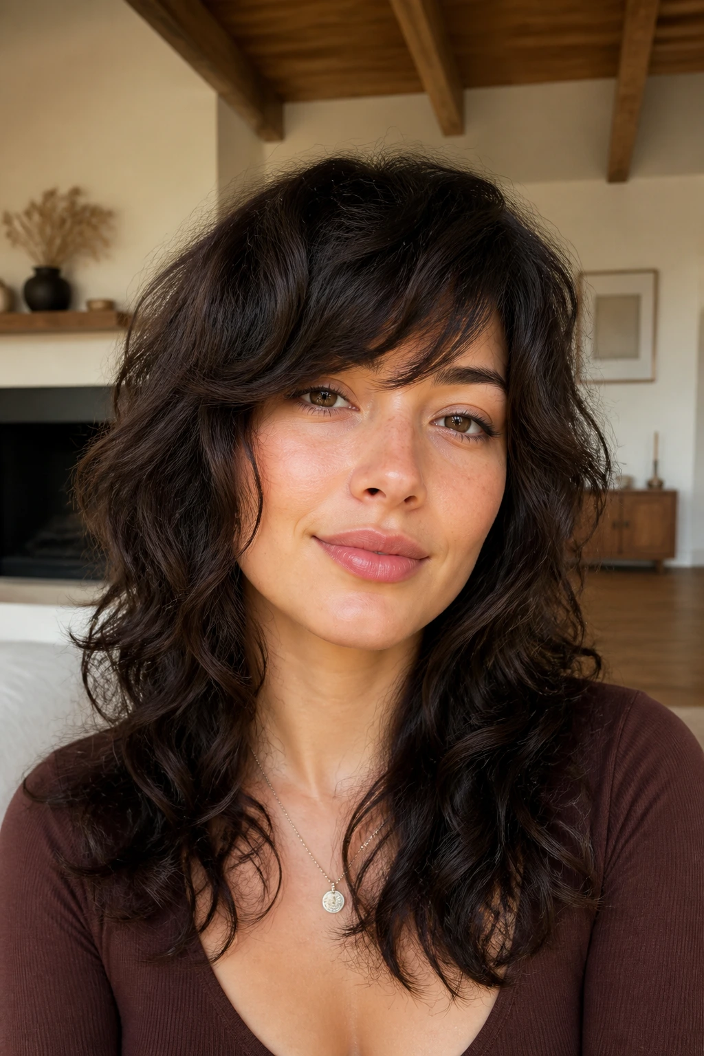 Close-up of a real person with oval face and diagonal side-swept bangs in a curly shag