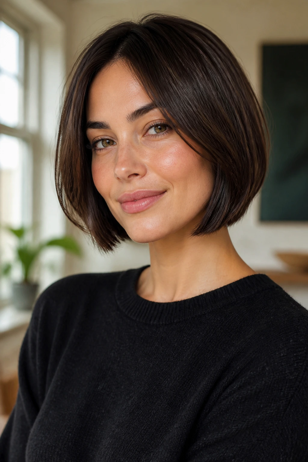 Portrait of an oval-faced woman with a chin-length bob under soft window light