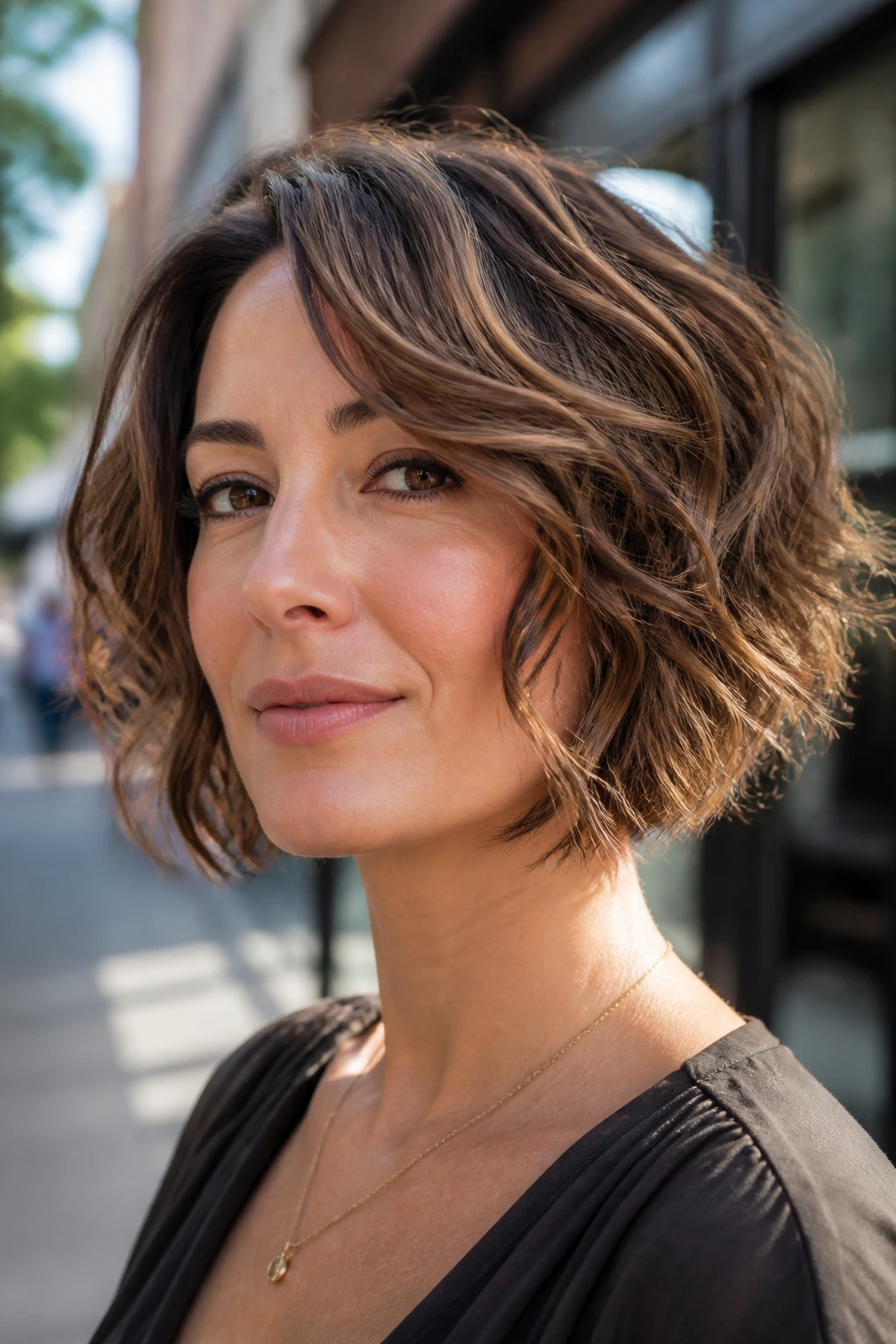 Portrait of a woman with stacked bob and wave texture flattering an oval face