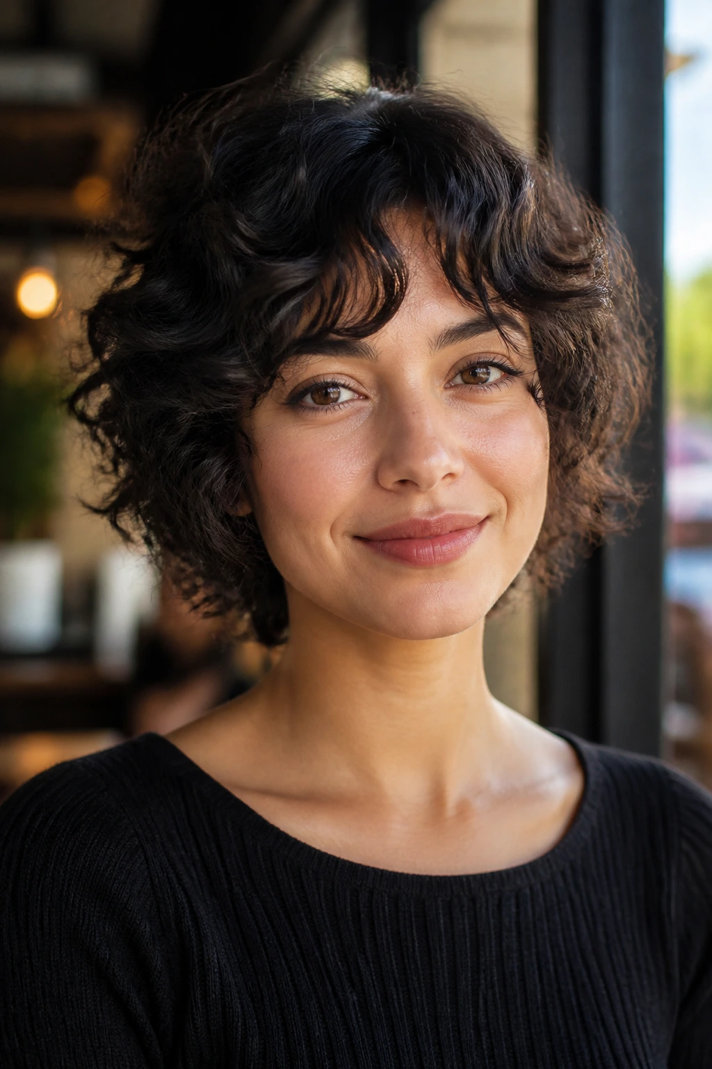 Close-up of real woman with oval face and balanced temple layers in cafe light