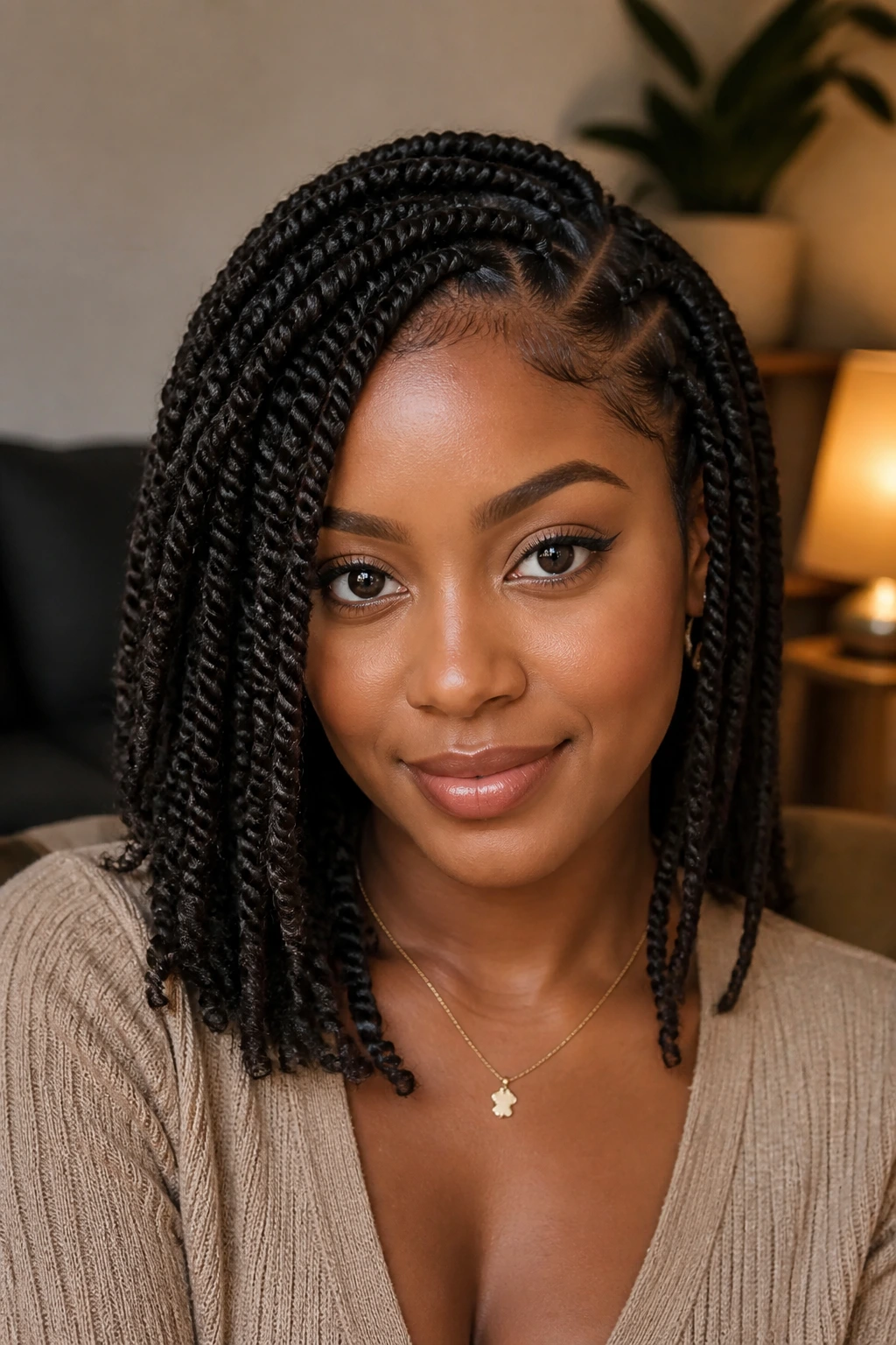 Close-up of real woman with twist braids and side-part balancing an oval face