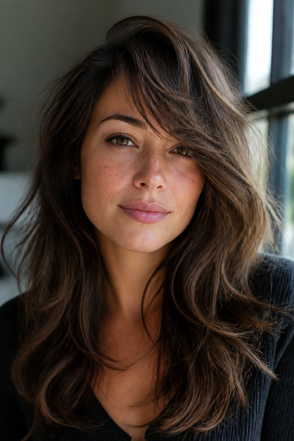 Close-up of a real woman with oval face in an undone side-swept hairstyle