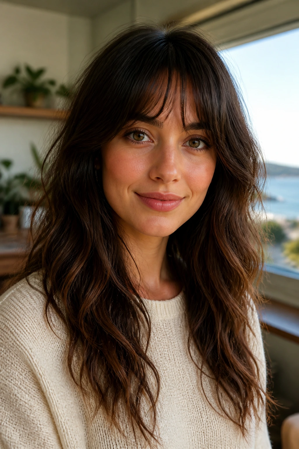 Portrait of a person with oval face and wavy hair showing versatile fringe styling