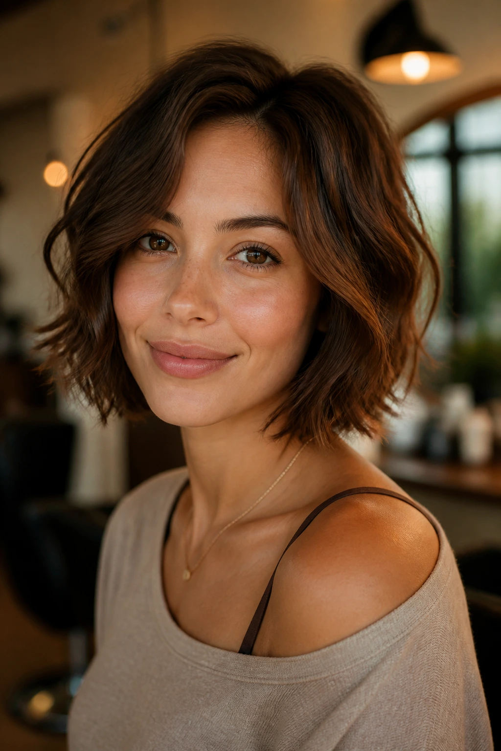 Portrait of an oval-faced person with wavy hair in a warm interior