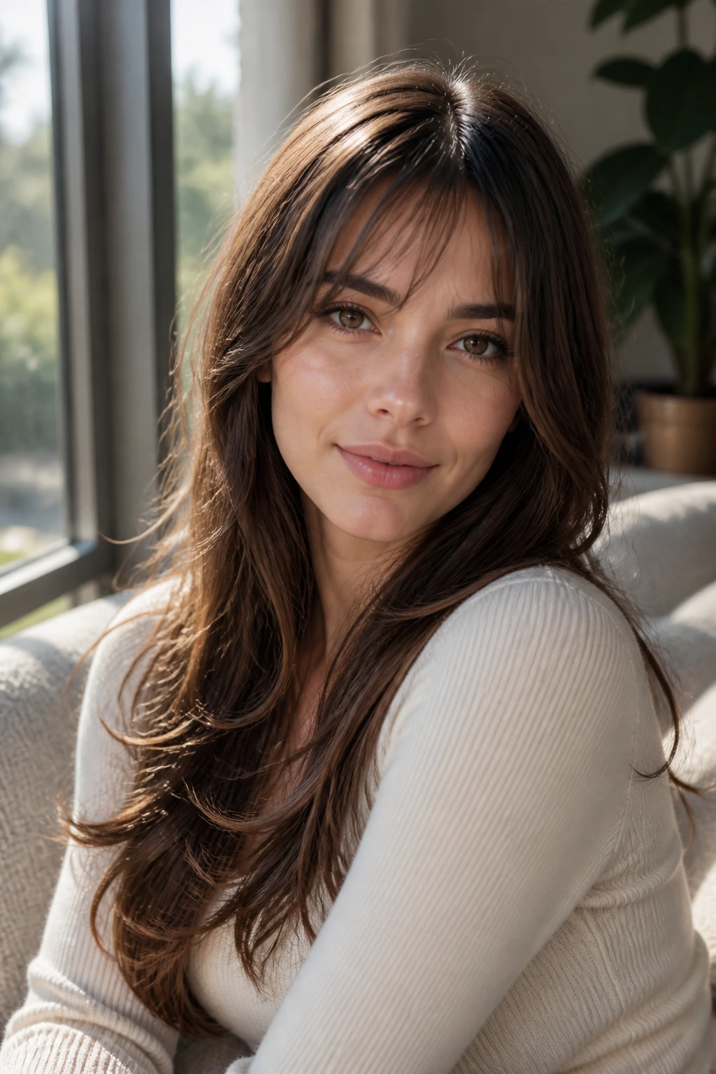 Close-up portrait of an oval-faced person with hair framing the face in warm window light