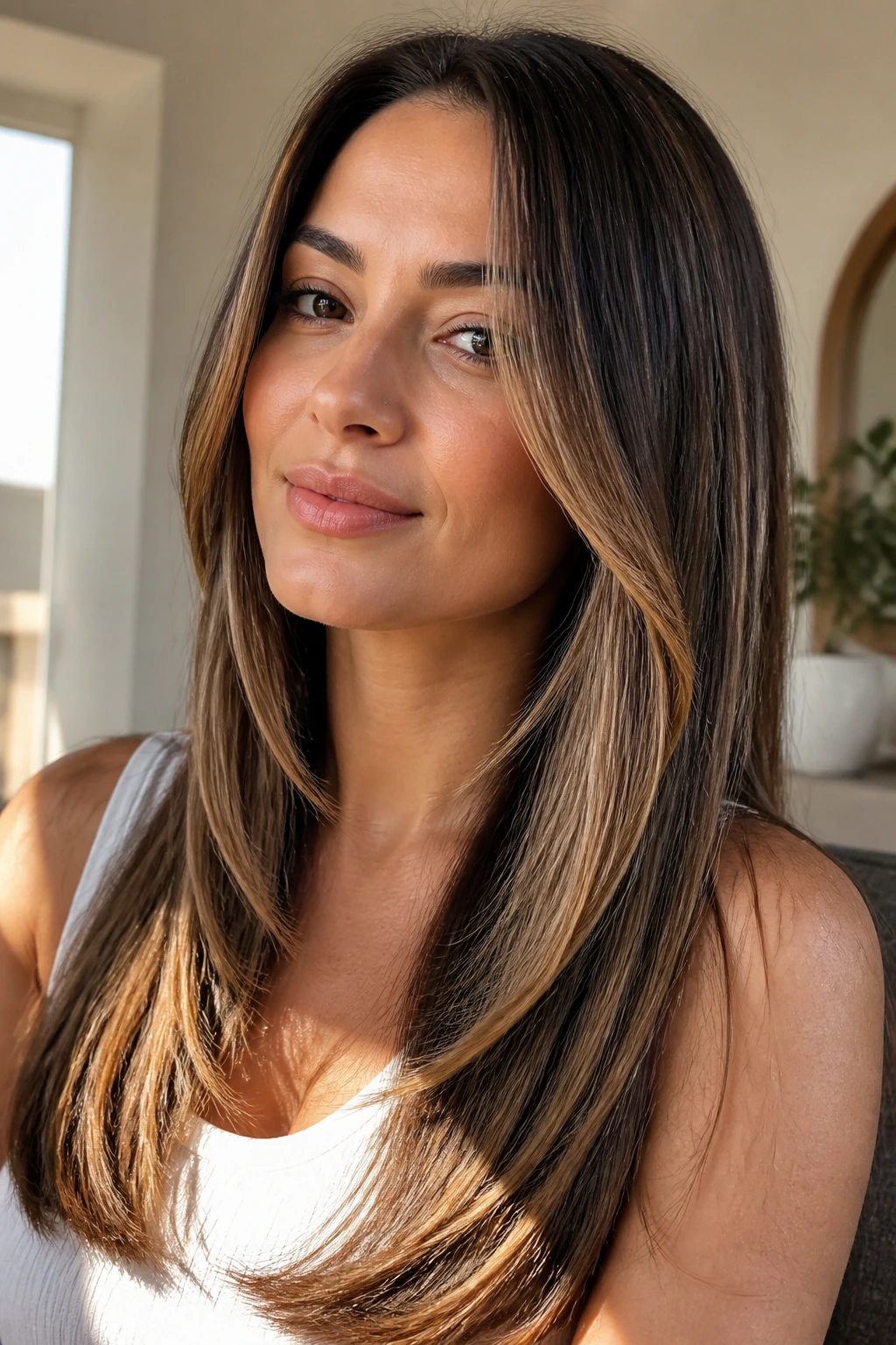 Close-up of a woman with oval-face framed front layers and caramel cheekbone highlights