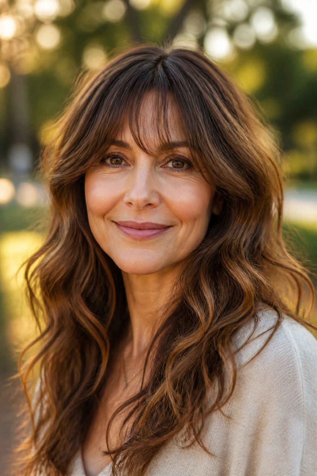 Close-up of a woman with oval-skimming fringe outdoors at golden hour