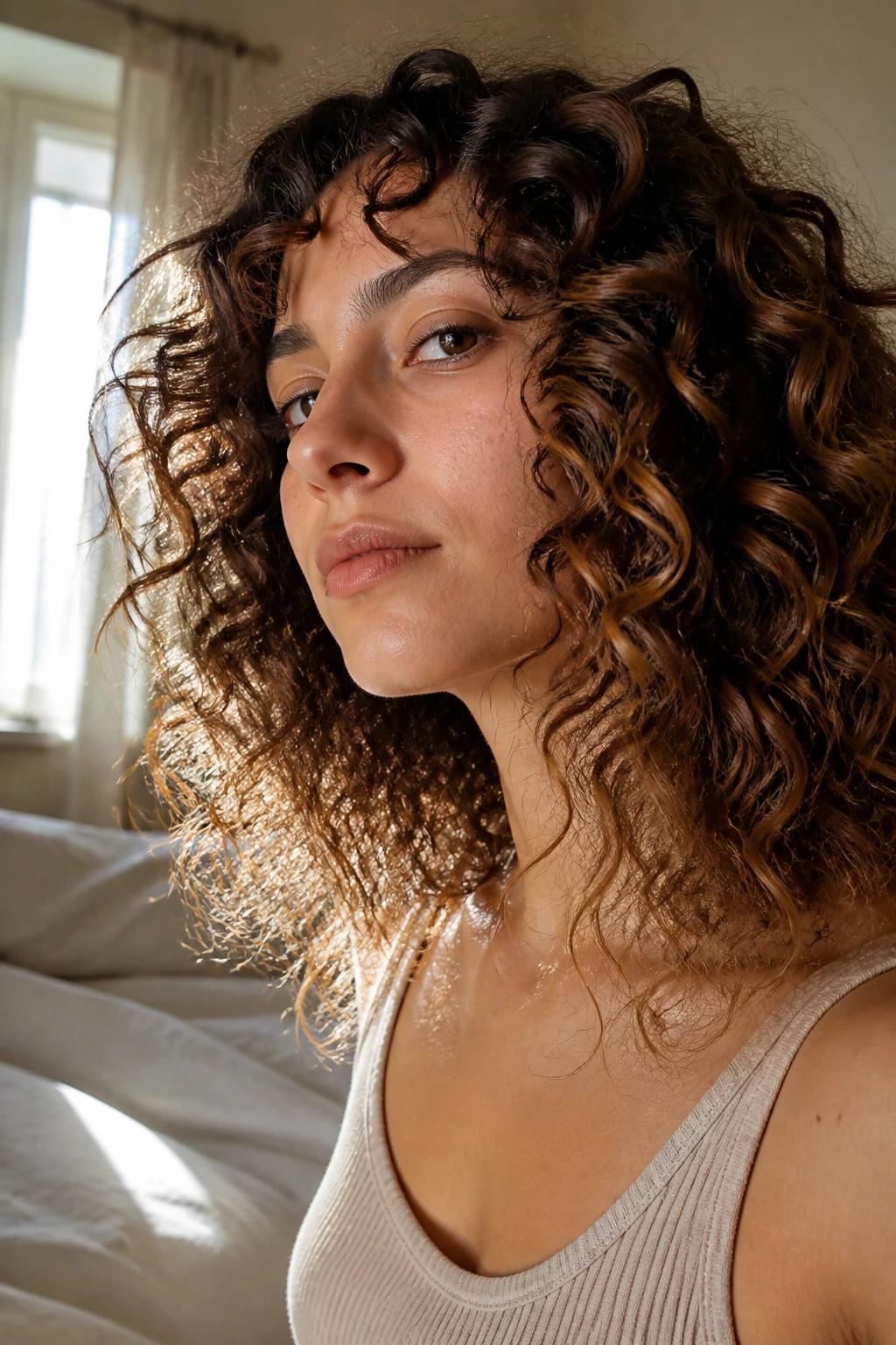 Close-up of over-texturized ends on curly hair showing see-through wisps