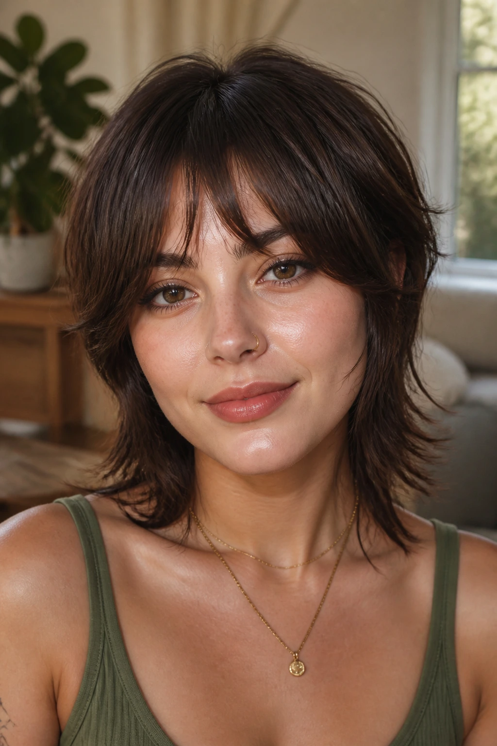 Close-up portrait of a real person with overdirected wolf cut and wispy corners