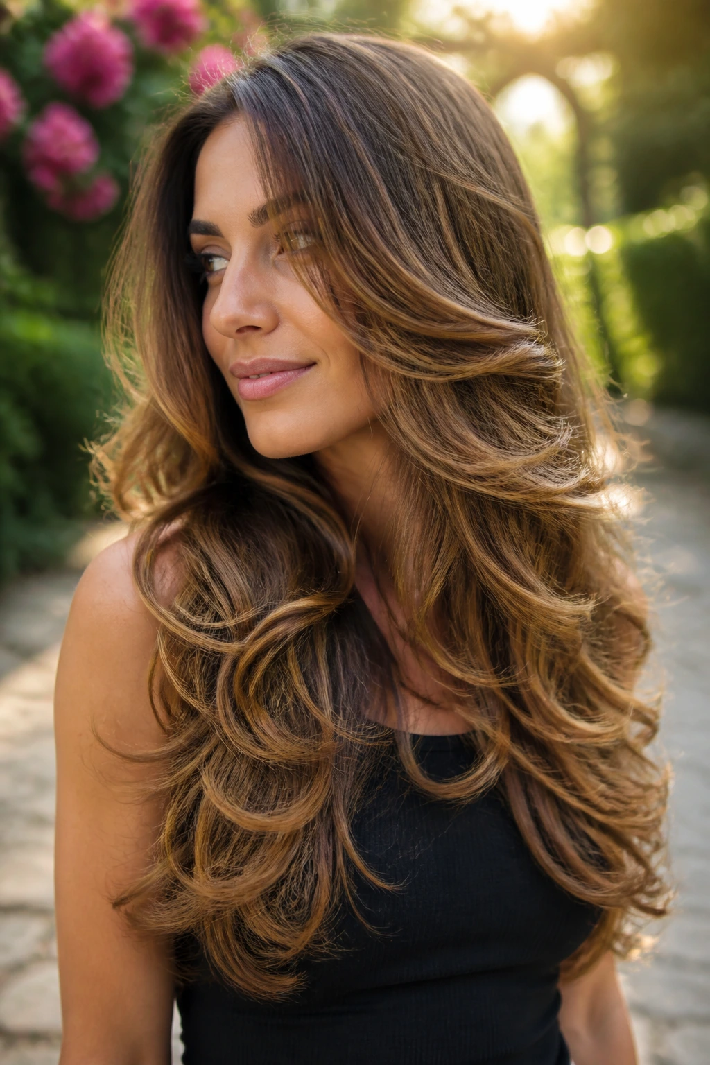 Portrait of a woman with overlapping waterfall layers in loose curls