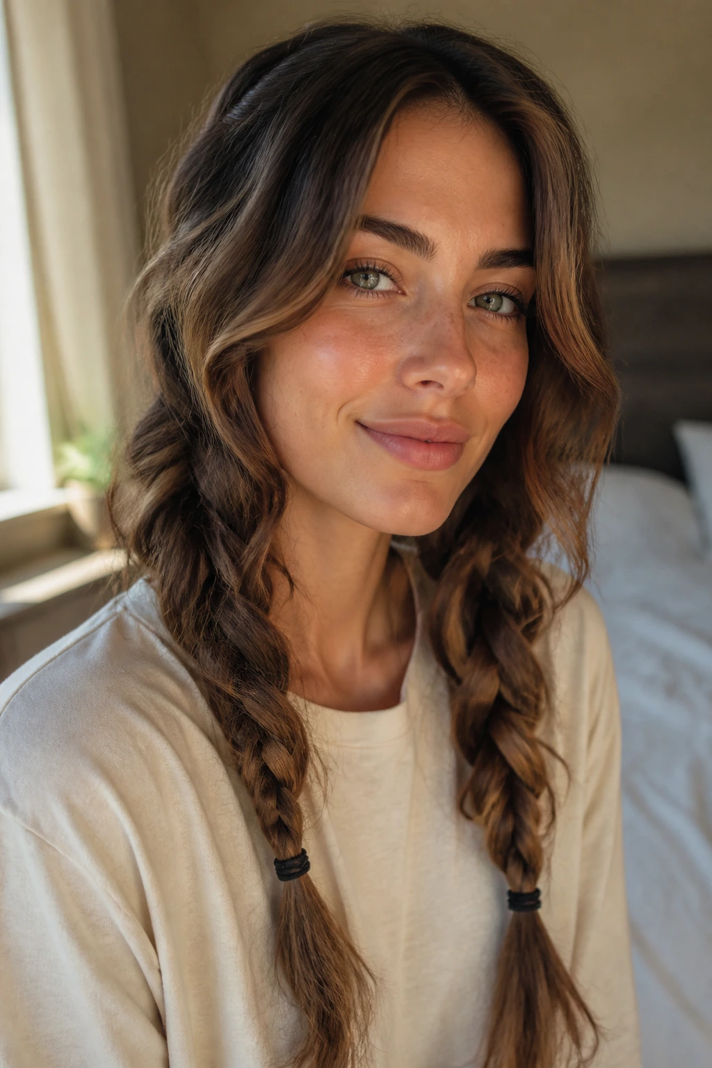 Portrait of real woman with two loose braids and soft waves