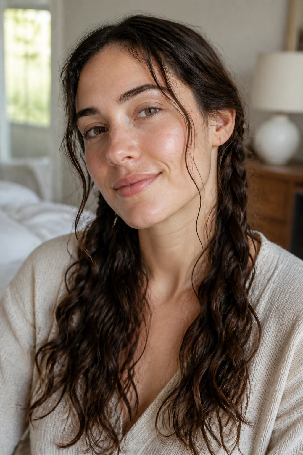 Close-up of a woman with loose side braids turning into waves