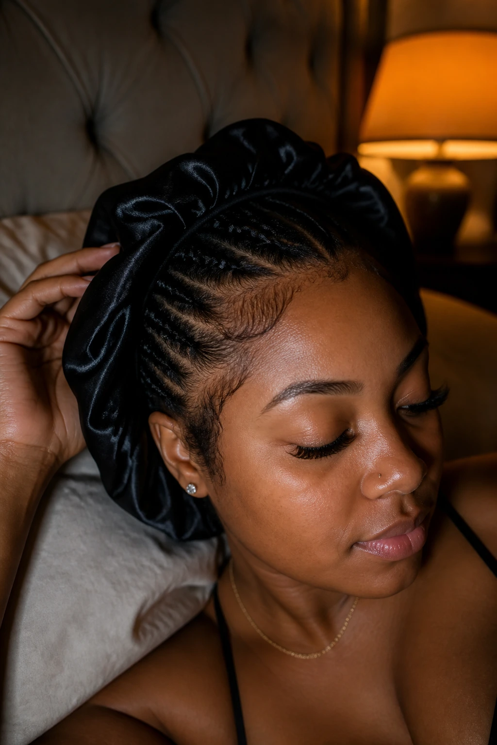 Real woman with braids under a satin bonnet in a bedroom at night