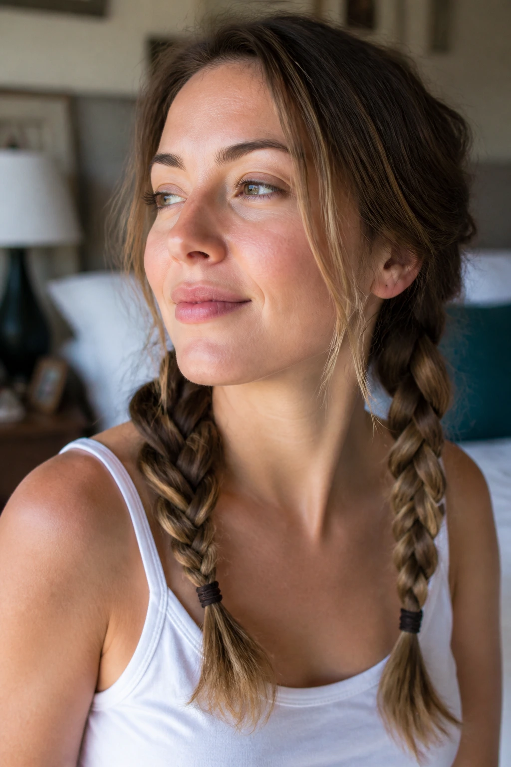 Real woman with two low braids and soft overnight waves in morning light