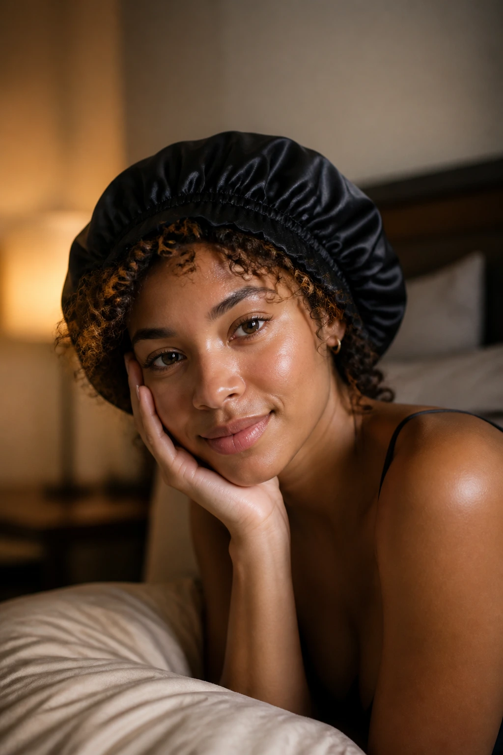 Portrait of a real person wearing a satin bonnet at night in a cozy bedroom