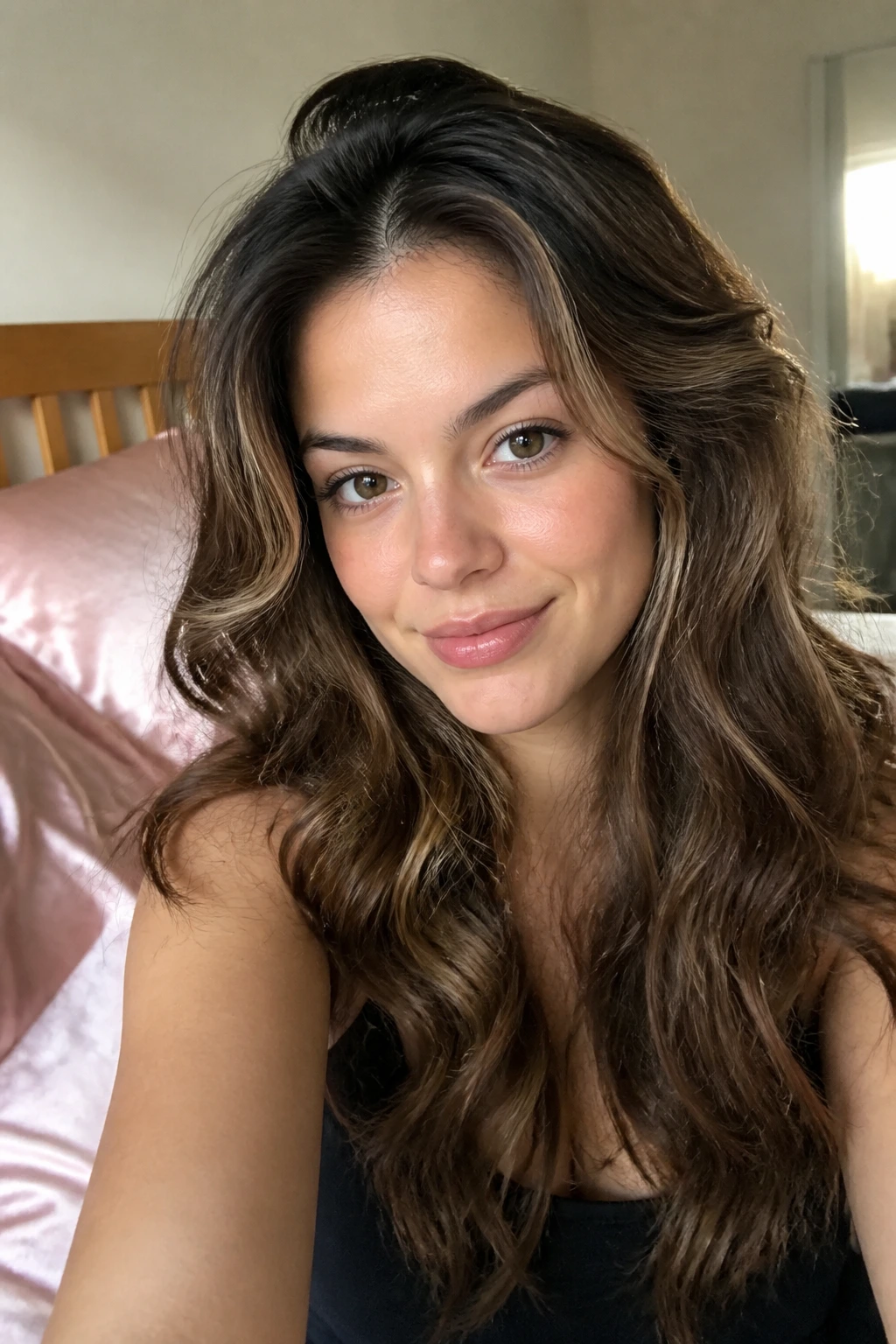 Real woman with revived waves after sleep in a bedroom with silk pillowcase.