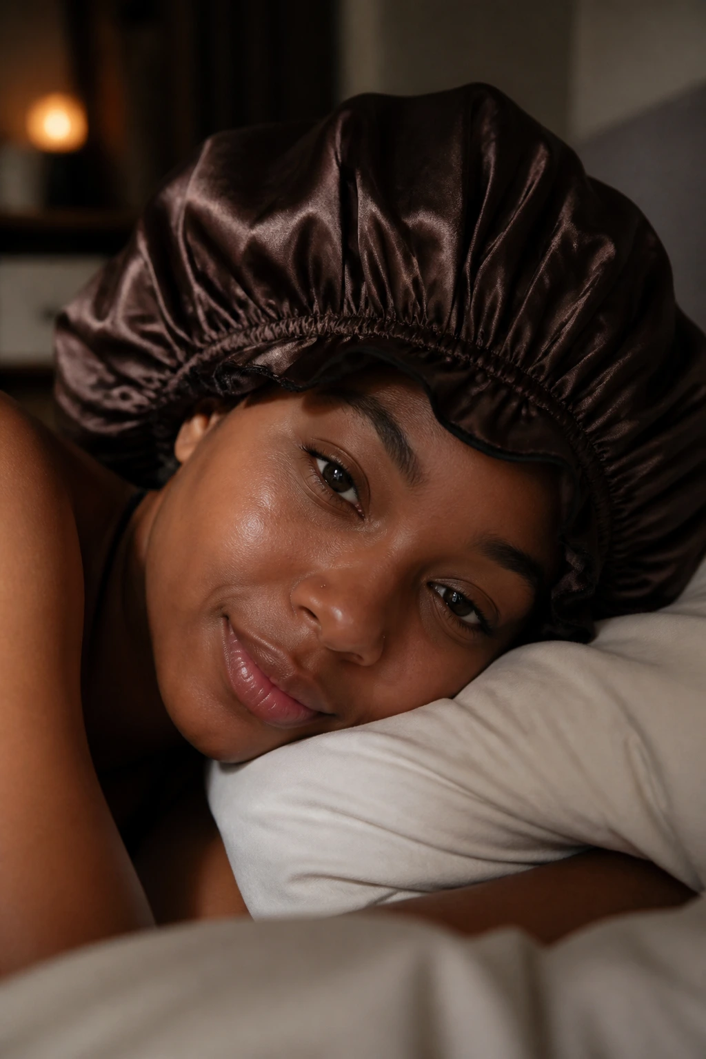 Woman wearing satin bonnet in bed to illustrate overnight care.