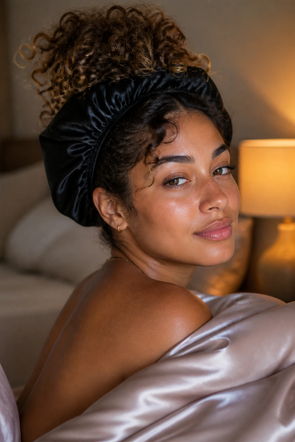 Close-up of a real woman's head with hair in a loose pineapple under a satin bonnet in a bedroom
