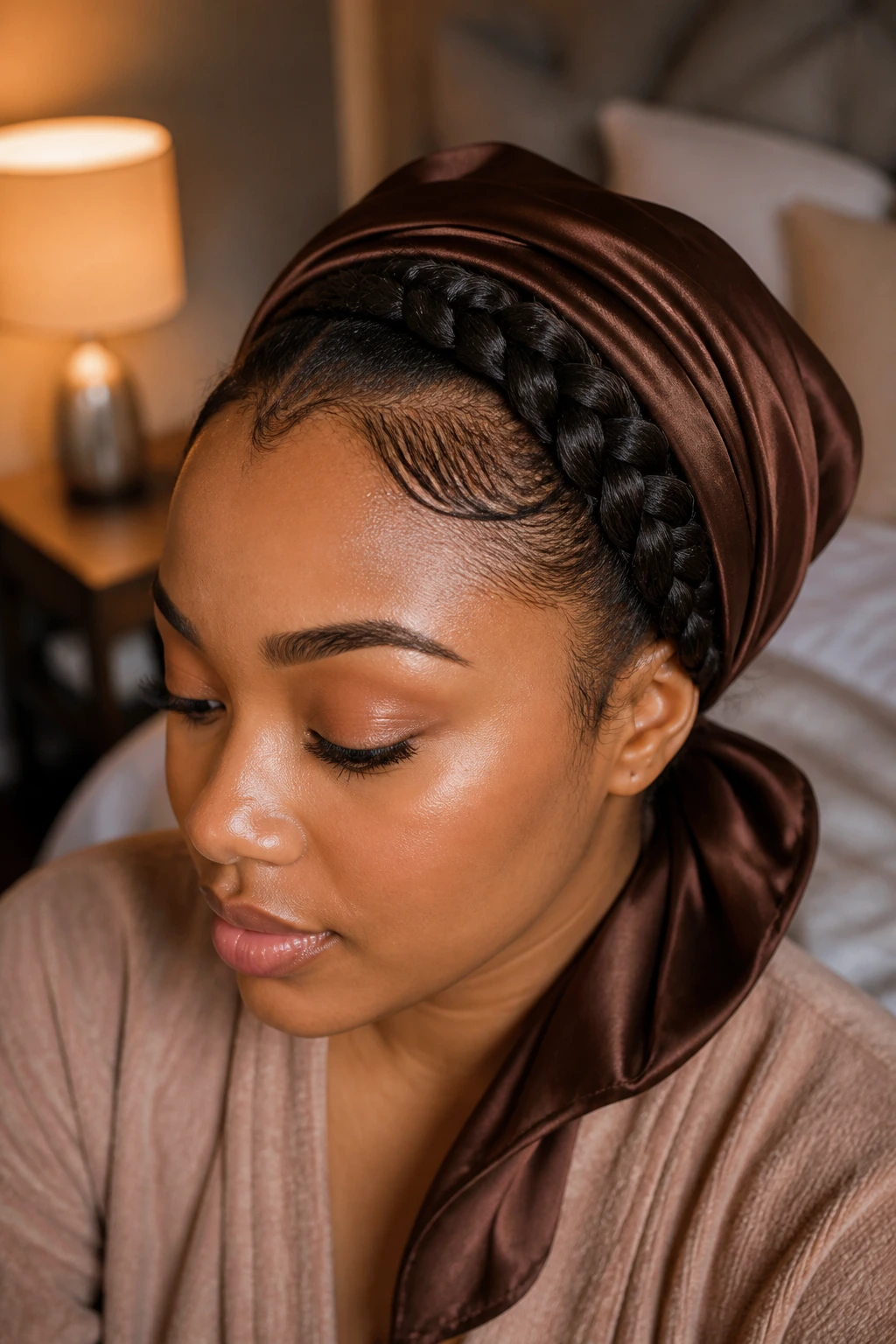 Portrait of a woman with braided headband protected by satin scarf overnight