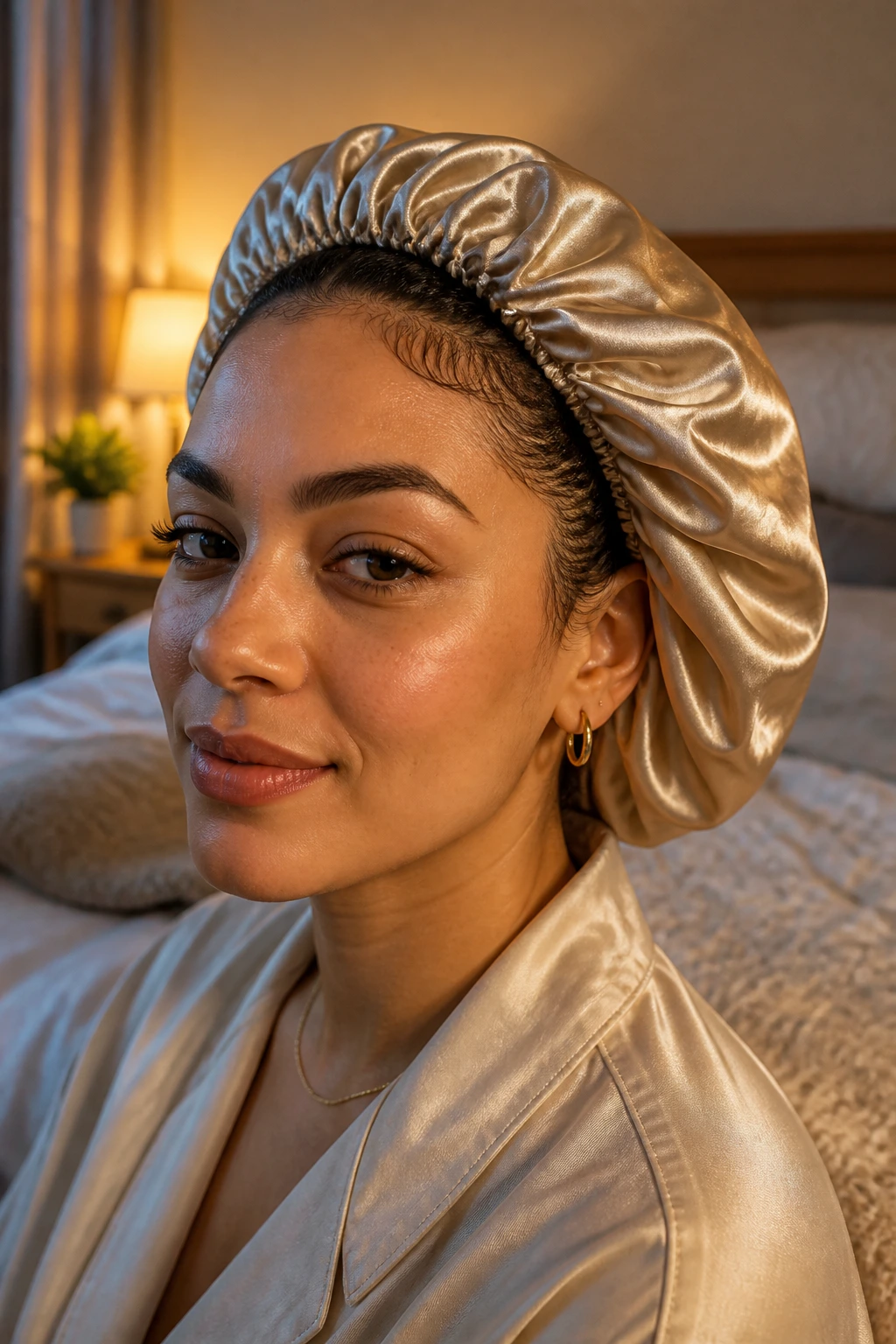 Portrait of a woman in a satin bonnet in a cozy bedroom keeping curl definition overnight.
