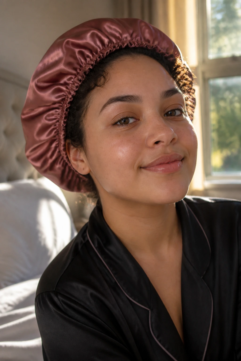 Portrait of a person wearing a satin bonnet with curls peeking out