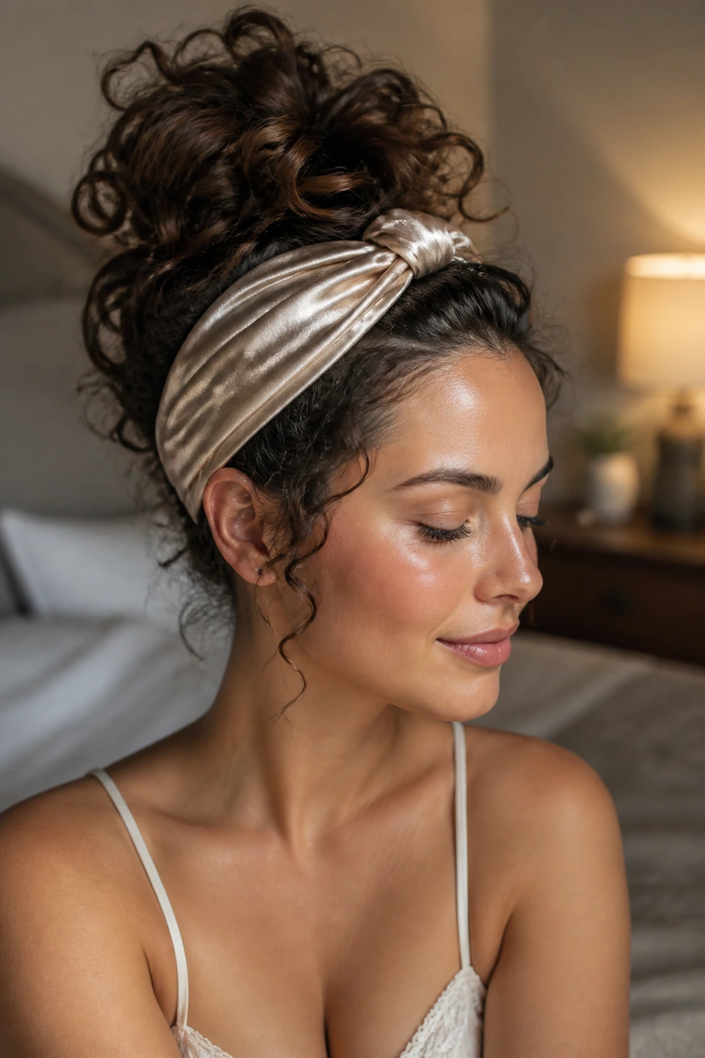 Portrait of a real woman with pineapple-updo and satin wrap for overnight curl care