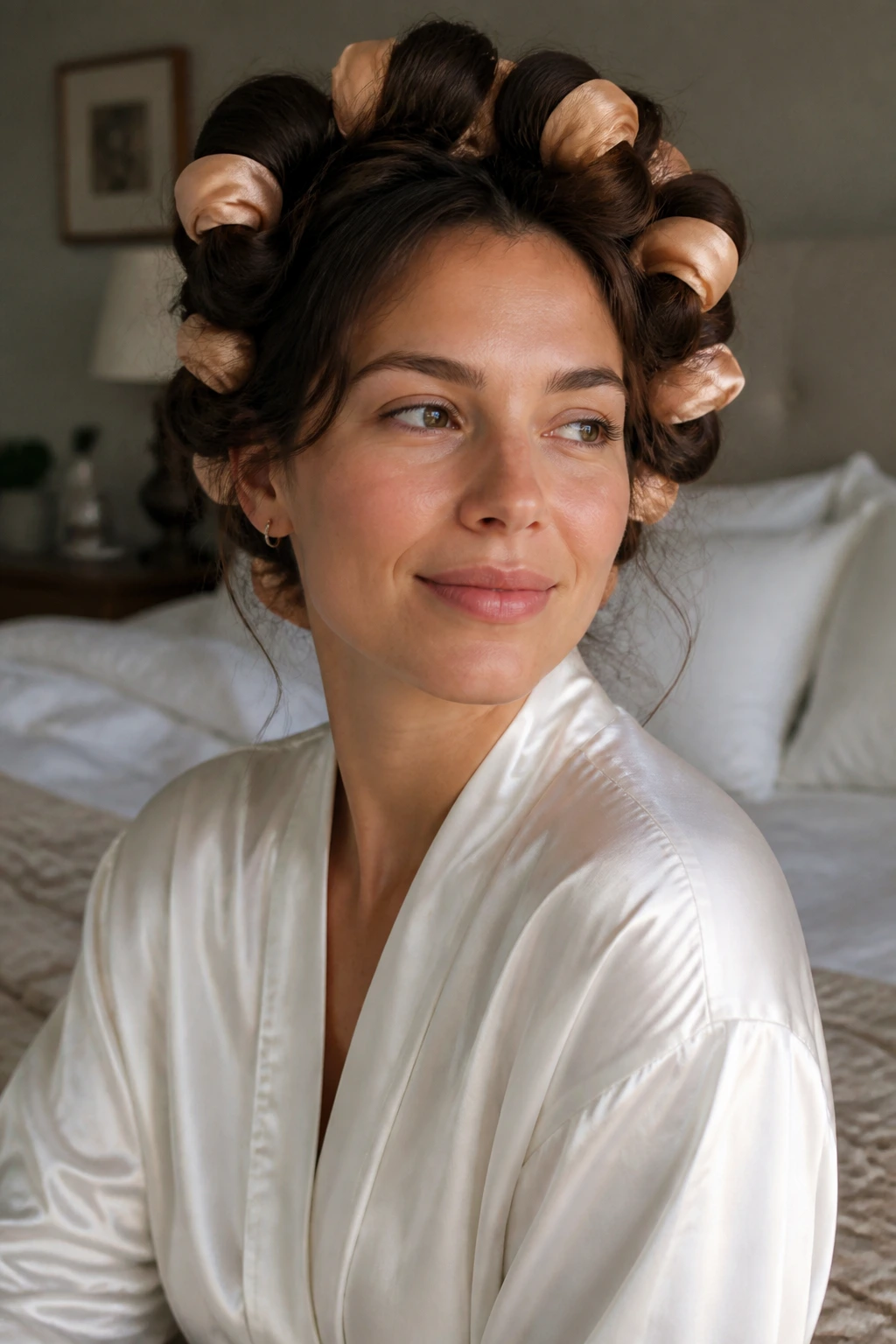 Portrait of a real woman in a satin robe showing heatless overnight curls in the morning light.