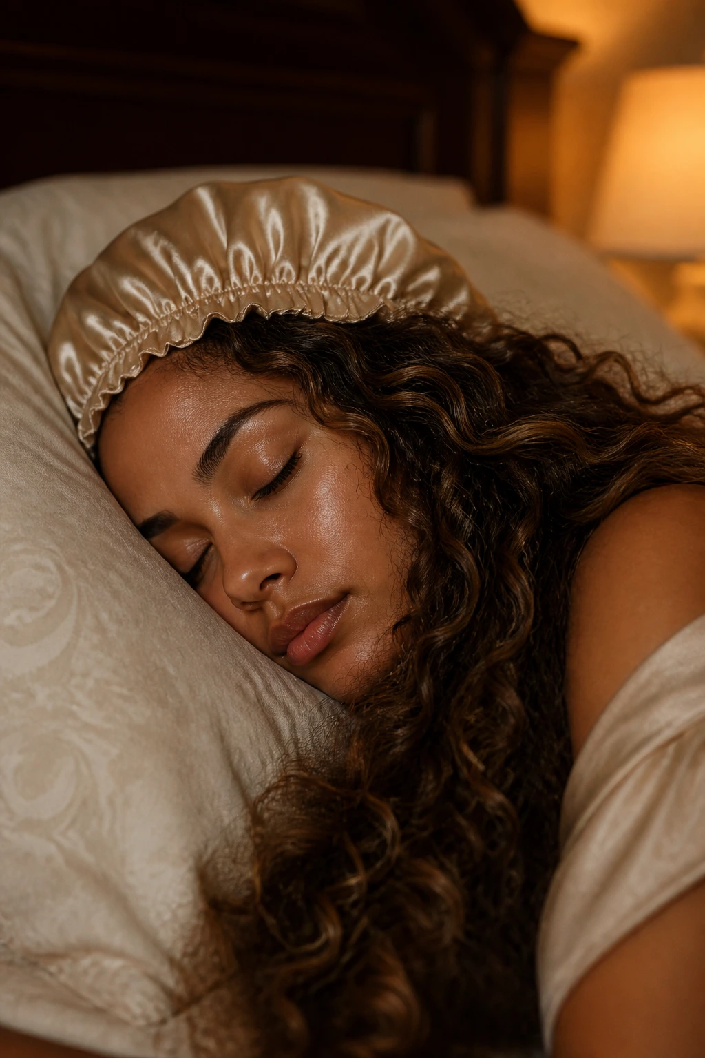 Close-up of a woman with long curls under a satin bonnet in a cozy bedroom