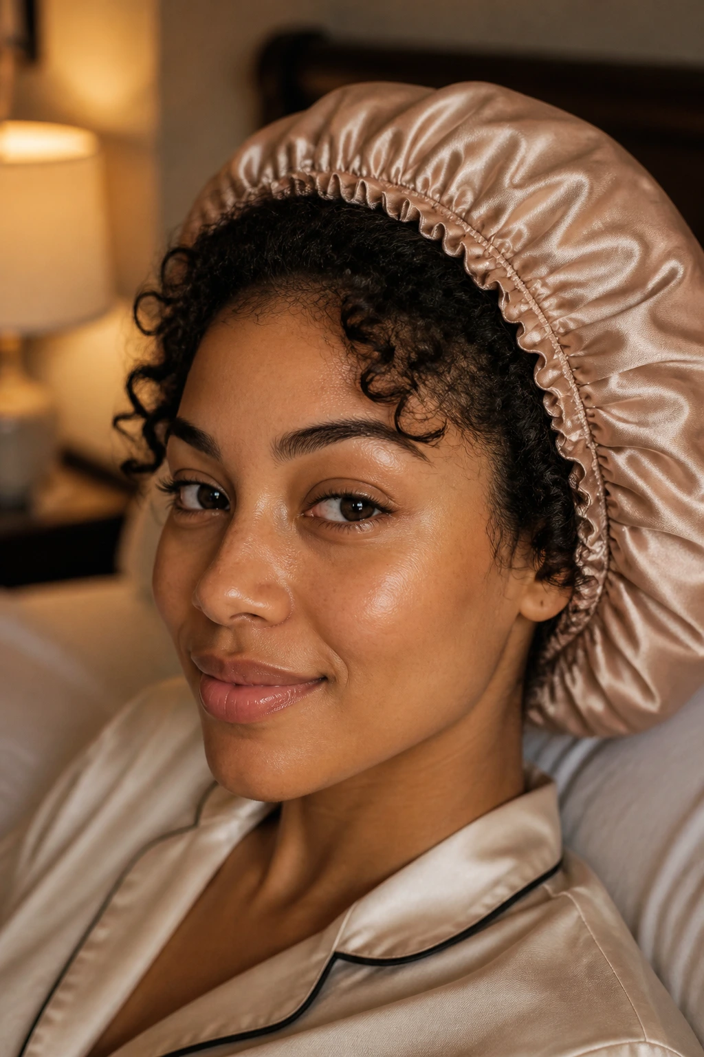 Close-up of a person in a satin bonnet with defined curls at the edges in a bedroom