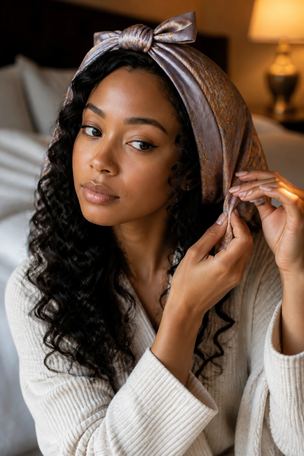 Portrait of a woman with long wand curls preparing overnight care with a silk scarf