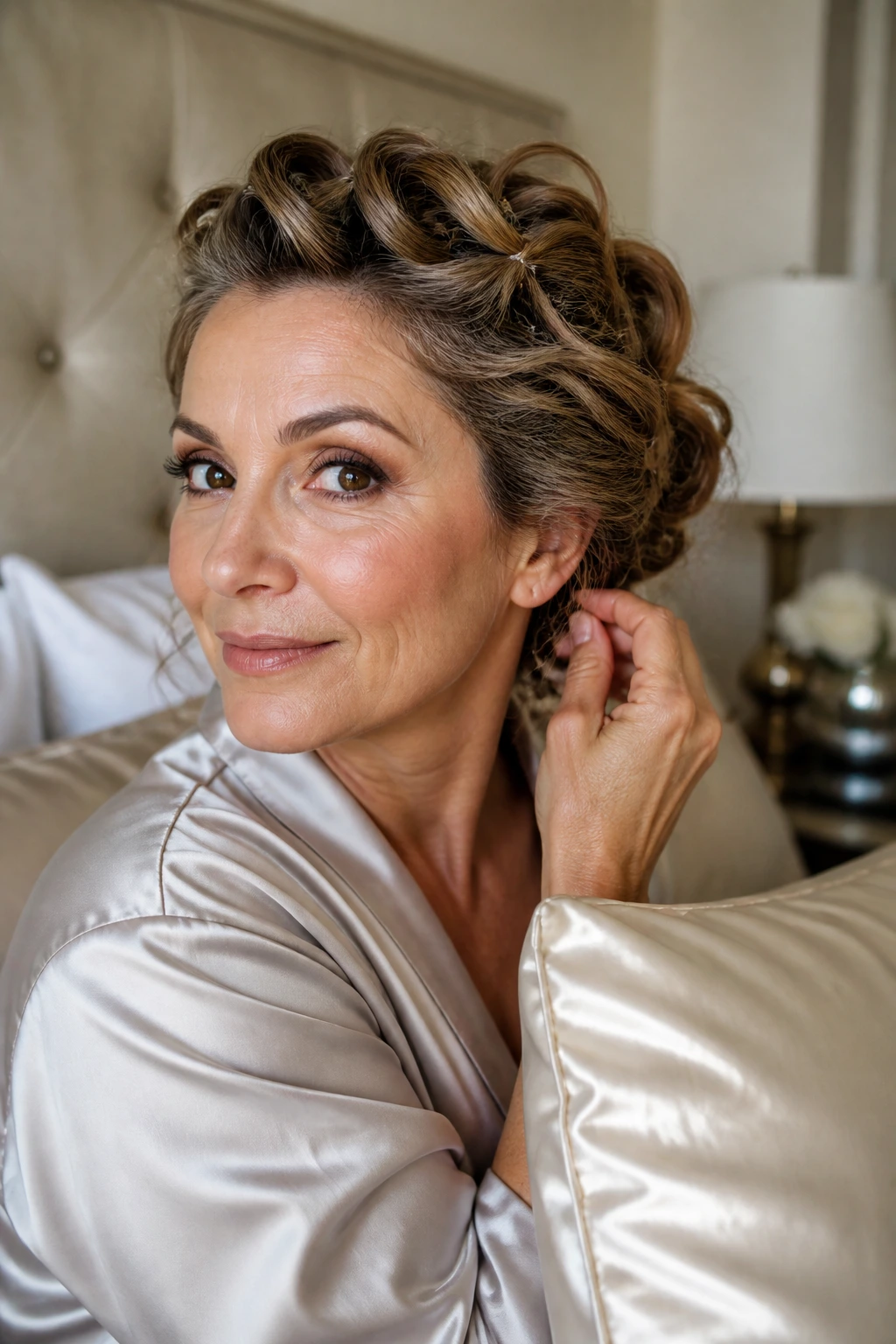 Close-up of a real woman with overnight curls pinned in a bedroom with a silk pillowcase