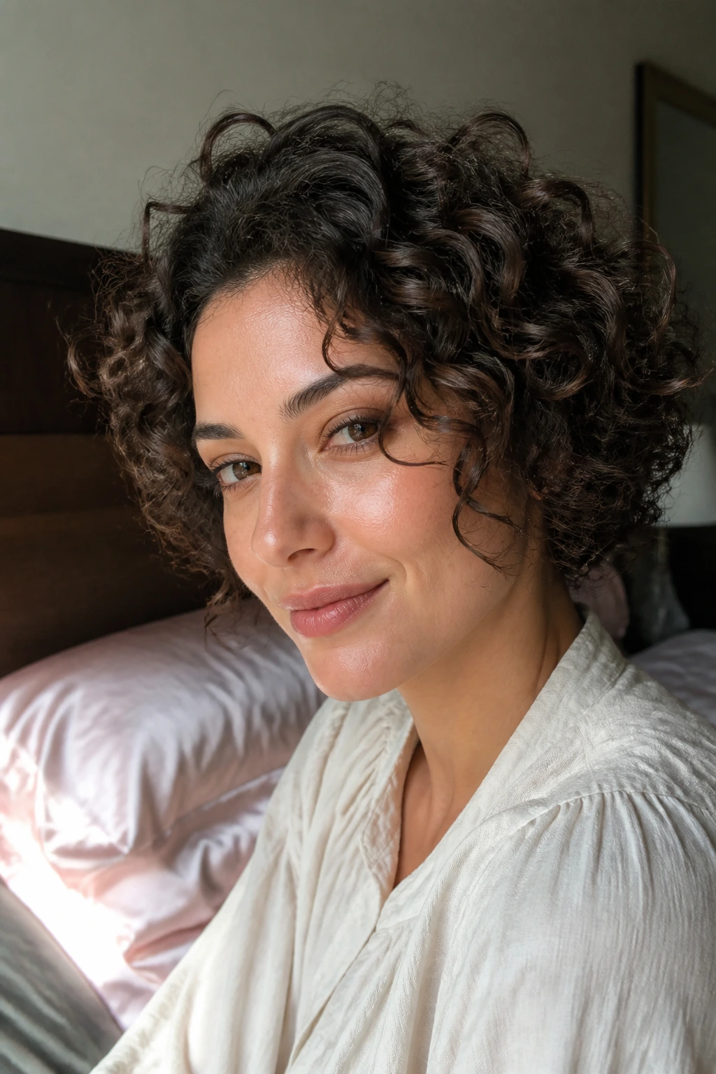 Close-up of defined curls after sleep with lifted crown