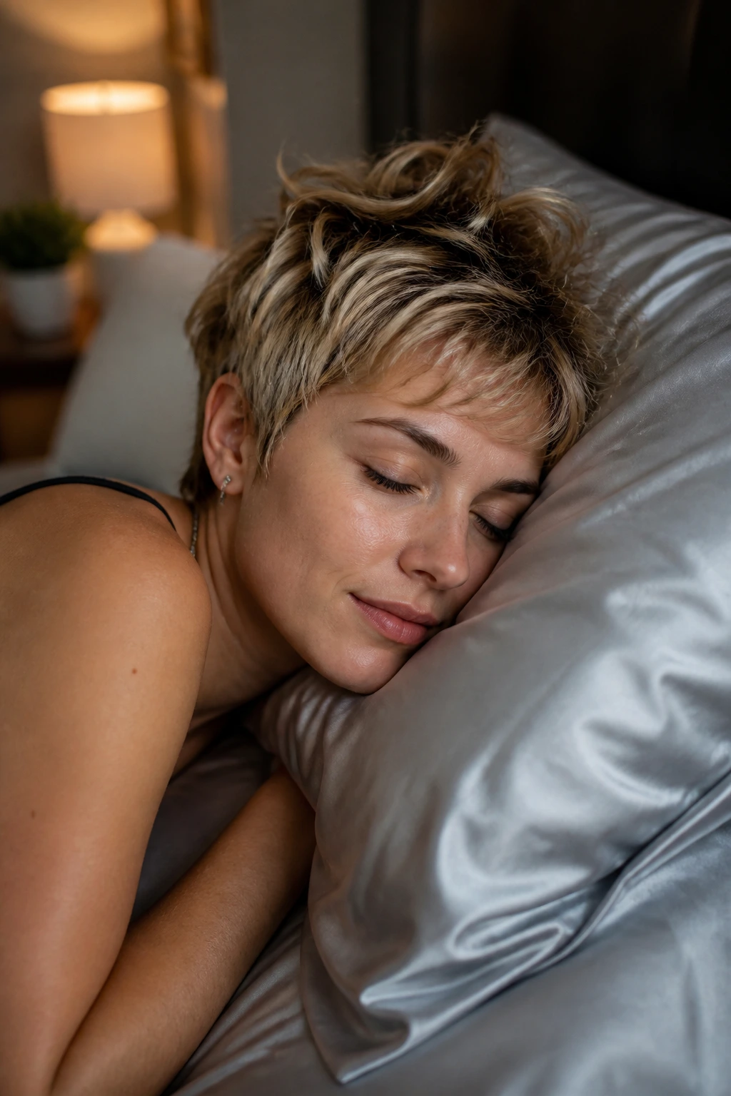 Woman resting on satin pillowcase illustrating overnight hair care