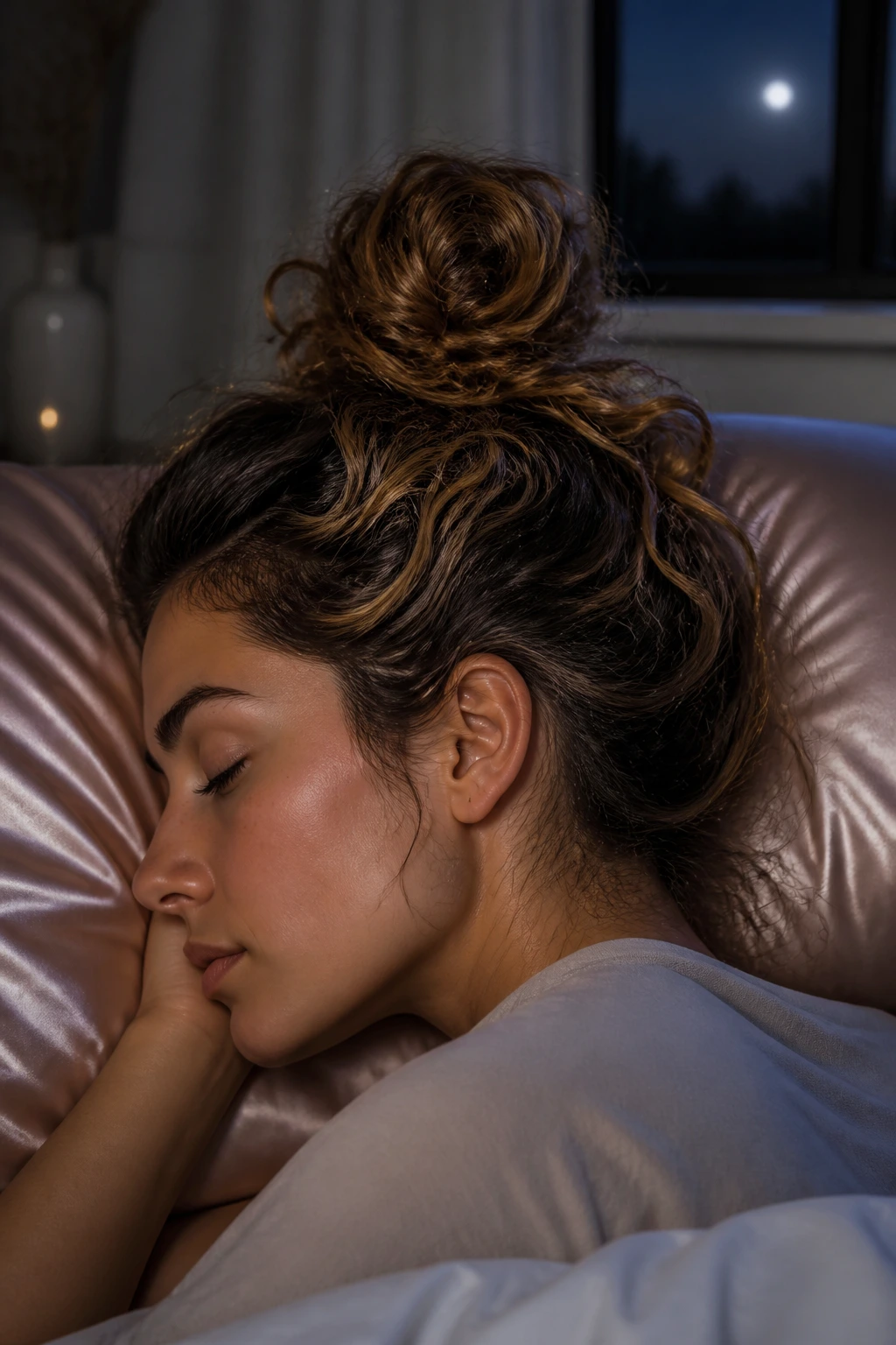 Side profile sleeping person with hair in a loose pineapple on satin pillowcase