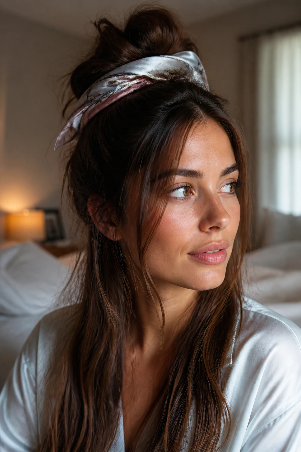 Portrait of a woman with long hair pinned in a loose top section and a silk scarf in a cozy bedroom
