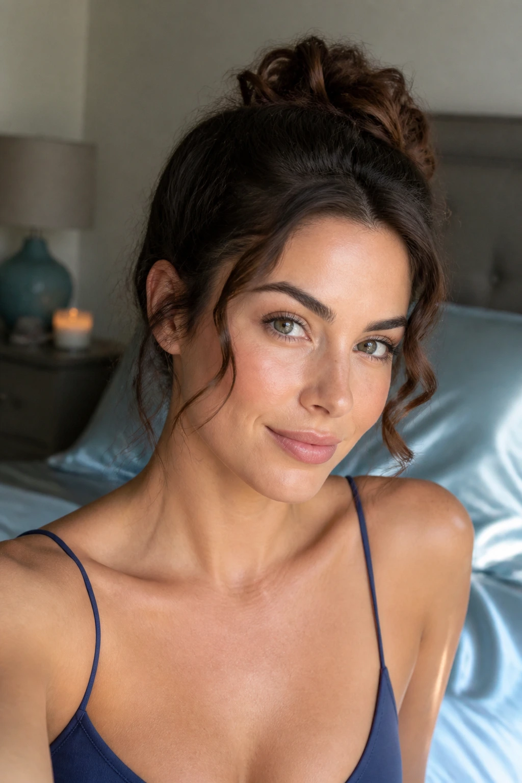 Portrait of a person with styled hair resting near a silk pillowcase