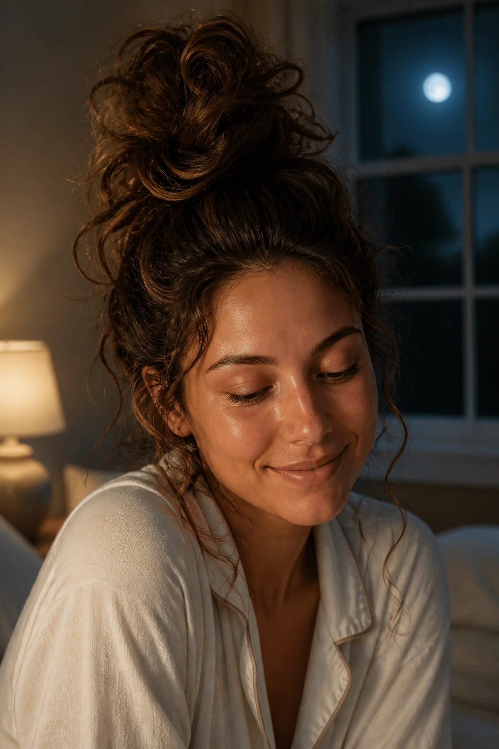 Portrait of woman with loose pineapple hairstyle for overnight refresh.