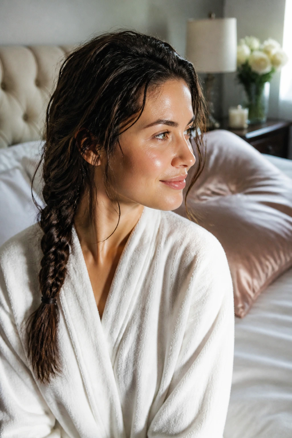 Real person with overnight loose braid in damp hair near satin pillowcase