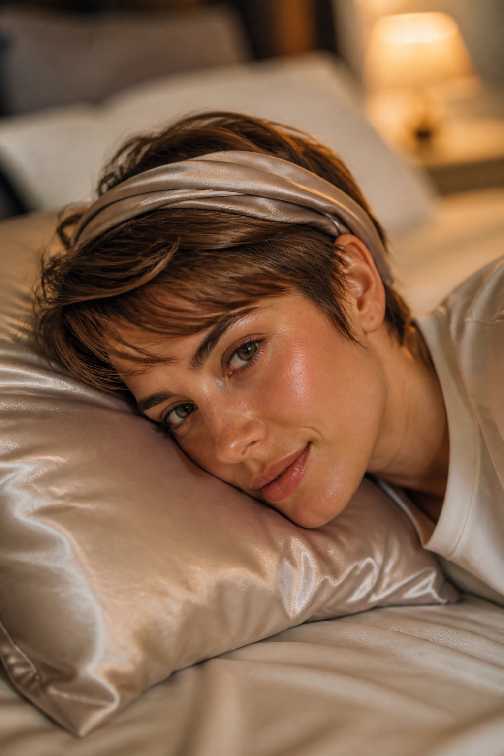 Close-up of a real woman with short hair protected by a satin pillowcase and hairline scarf in a bedroom