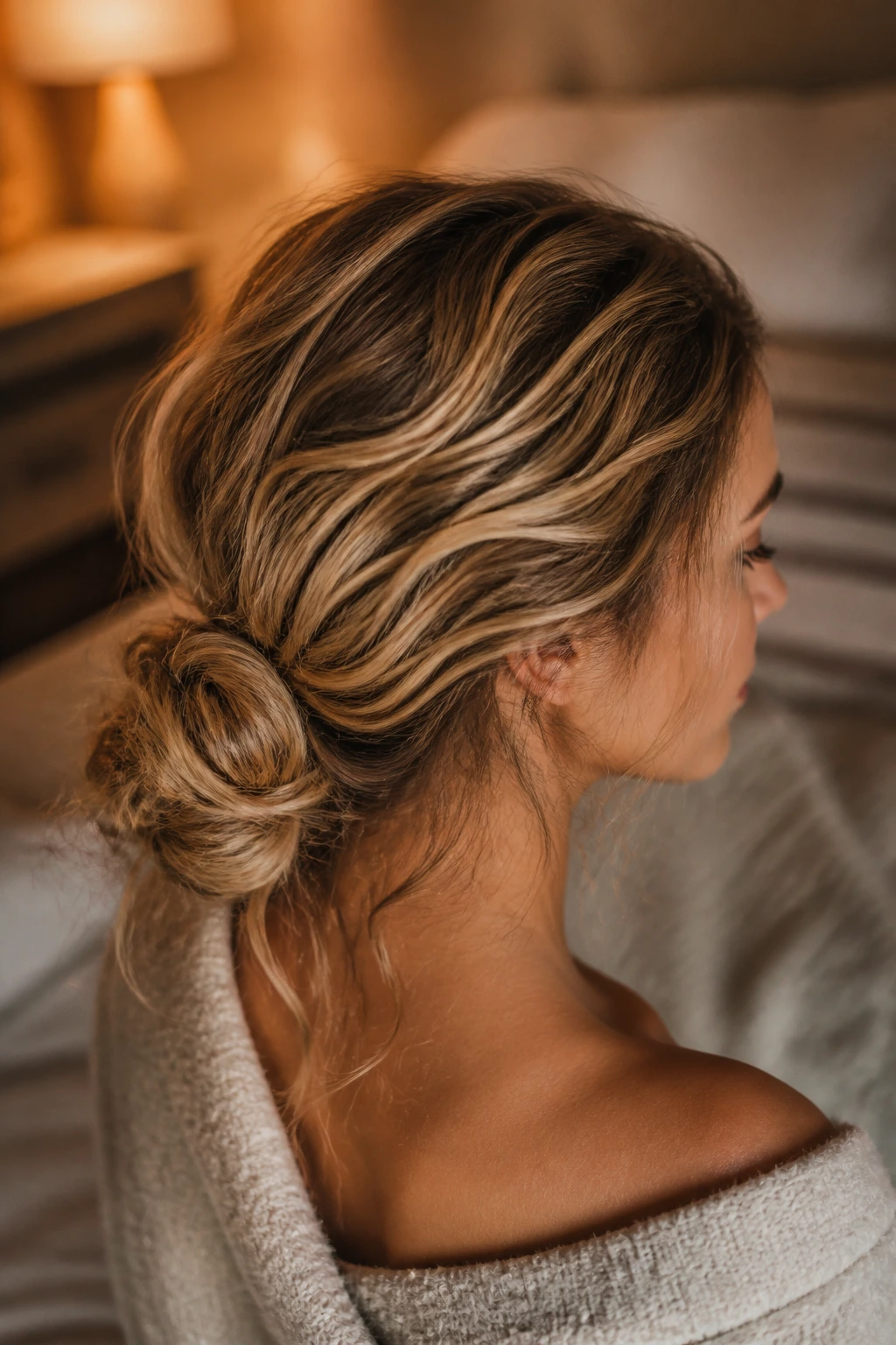 Long waves secured in a loose top knot for overnight preservation